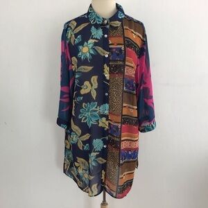 Rose & Olive lagenlook shear print button up 3/4 sleeve tunic/coverup 1X NWT